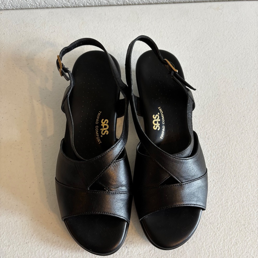 SAS Tripad Comfort Black Leather Wedge Sandals Womens 8 Wide Slingback Made USA - Picture 4 of 9